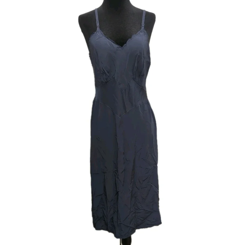 Z8 Vntg Komar Woman's Blue Satin V Neck Scalloped Slip Dress Lingerie Avg 36